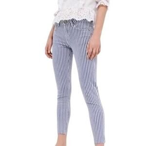 Zara Basic Z1975 Denim Jeans Women 12 Blue White Railroad Stripe Raw Hem Stretch